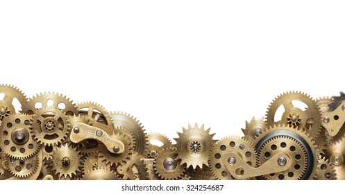 Mechanical collage made of clockwork gears on white background