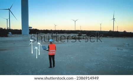 Mechanical engineer adjusting wind turbine settings from his laptop - 3D render