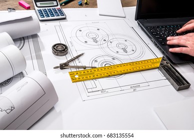 Mechanical Engineering Of Parts With Tools, Laptop, Drawing Top