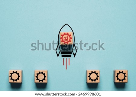 Mechanical gear with up arrow and graph inside rocket rising and escape for continuous improvement include productive cost quality and delivery concept.