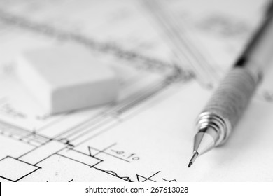 Mechanical Pencil And Eraser On Technical Drawing, Construction Plan