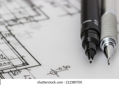 Mechanical Pencil On A Technical Drawing