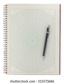 A Mechanical Pencil Sits On An Open Spiralbound Notebook With Polar Graph Paper Sheets. Metal Spiral Binding Is Aged And Worn. Clipping Path Included. Isolated On White.