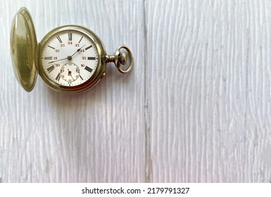 Mechanical Pocket Watch On A White Background. Vintage Gold Watch With Hands And Stopwatch. Time Is Money.