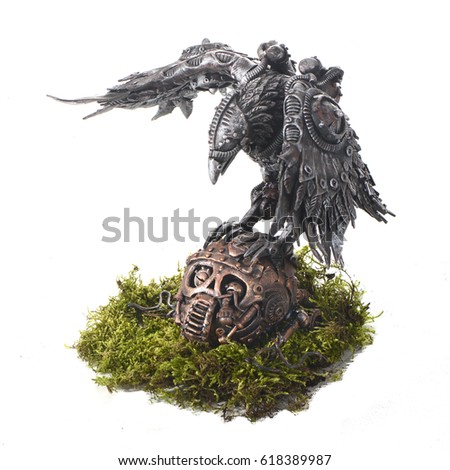 Mechanical sculpture of a crow on the head of a cyborg in the style of a steampunk metal kind of iron bronze copper polymerine clay bird robot biomechanics sculpture on a white background isolated
