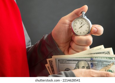 Mechanical Stopwatch And Dollars In Man Hand. Part Time Accuracy For Business. Business And Finance Time.