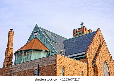 Mechanicville, NY/USA- December 8, 2018: A horizontal HIGH DEFINITION image of the roof lines of a neighborhood church in upstate NY.                                        