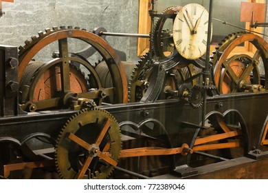 The mechanism of the antique clock inside the tower