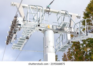 Mechanism Of The Ski Lift . Funicular wheel cablecar . Ski lift tower platform 