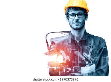 Mechanized Industry Robot Arm And Factory Worker Double Exposure . Concept Of Robotics Technology For Industrial Revolution And Automated Manufacturing Process .