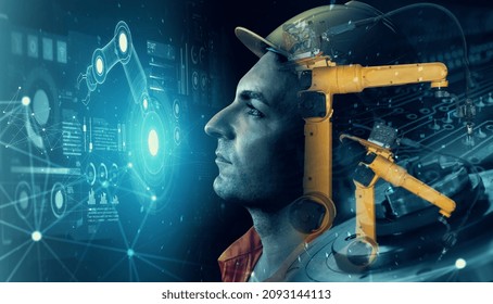 Mechanized Industry Robot Arm And Factory Worker Double Exposure . Concept Of Robotics Technology For Industrial Revolution And Automated Manufacturing Process .