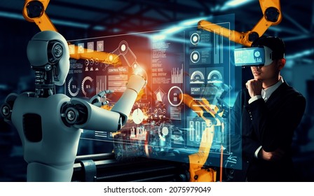 Mechanized industry robot and human worker working together in future factory . Concept of artificial intelligence for industrial revolution and automation manufacturing process . - Shutterstock ID 2075979049