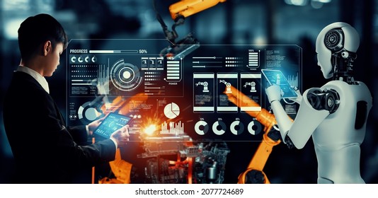 Mechanized Industry Robot And Human Worker Working Together In Future Factory . Concept Of Artificial Intelligence For Industrial Revolution And Automation Manufacturing Process .