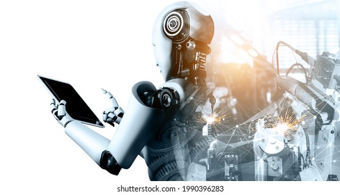 Mechanized Industry Robot And Robotic Arms Double Exposure Image . Concept Of Artificial Intelligence For Industrial Revolution And Automation Manufacturing Process In Future Factory .