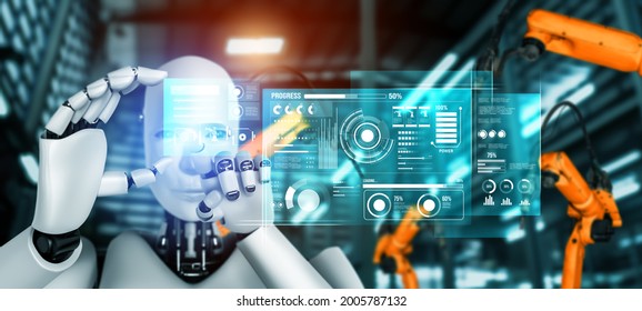 Mechanized industry robot and robotic arms for assembly in factory production . Concept of artificial intelligence for industrial revolution and automation manufacturing process . - Shutterstock ID 2005787132