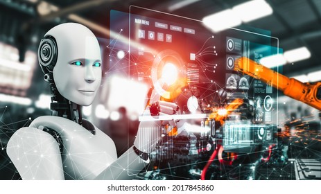 Mechanized industry robot and robotic arms for assembly in factory production . Concept of artificial intelligence for industrial revolution and automation manufacturing process . - Shutterstock ID 2017845860