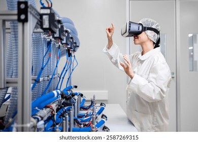 Mechatronics engineer using VR glasses to visualize prototype machine in research and development factory.