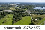 Mechelen, Antwerp Province, Belgium, 06 09 2023, Aerial view of the E19 highway between Brussels and Antwerp with traffic, high angle view. High quality photo