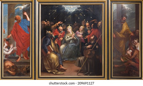 MECHELEN, BELGIUM - JUNE 14, 2014: Tryptich of the Pentecost scene by unknown painter in st. Johns church or Janskerk. 