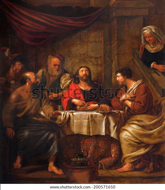 MECHELEN, BELGIUM - JUNE 14, 2014:
The central part of the paint Jesus and disciple of Emmaus at
supper by G. Herreuns (1793)  in st. Johns church or Janskerk.

