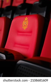 MECHELEN, BELGIUM - Nov 23, 2021: A Vertical Of Detail On The Red Seats In The AFAS Football Station Of KV Mechelen, Belgium