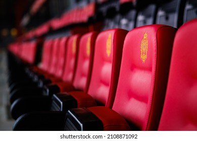 MECHELEN, BELGIUM - Nov 23, 2021: A Selective Focus Of Detail On The Red Seats In The AFAS Football Station Of KV Mechelen, Belgium