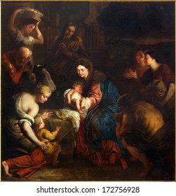 MECHELEN, BELGIUM - SEPTEMBER 6, 2013: Paint of The Adoration of the Shepherds from year 1669 by Erasmu Quellinus II of St. Rumbold's cathedral.
