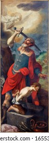 MECHELEN, BELGIUM - SEPTEMBER 6: Proof of Abraham. Left panel of triptych David and Goliath by De Sayvede Oude from year 1624 in St. Rumbold's cathedral on September 6, 2013 in Mechelen, Belgium.