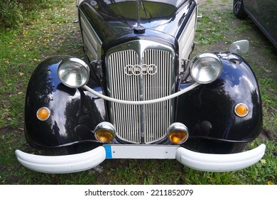 Dömitz, Mecklenburg Vorpommern, Germany - October 03, 2022: Restored Front Of A Black Auto Union Audi Vintage Car, Which Still Serves As A Motor Vehicle With Valid Road Registration.