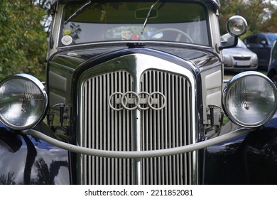 Dömitz, Mecklenburg Vorpommern, Germany - October 03, 2022: Restored Front Of A Black Auto Union Audi Vintage Car, Which Still Serves As A Motor Vehicle With Valid Road Registration.