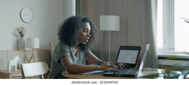 MED Black African American Female Working From Home, Having A Phone Call With Client Or Office. WFH, Stay Home