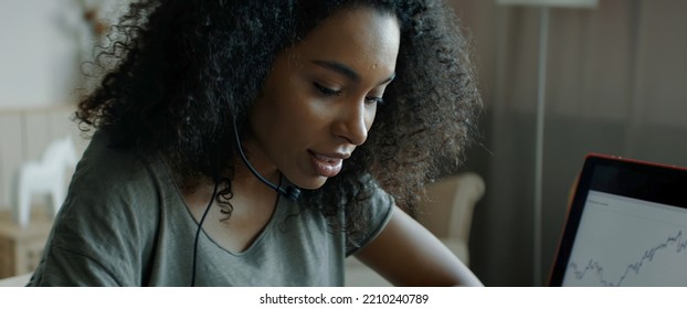 MED Black African American Female Working From Home, Having A Phone Call With Client Or Office. WFH, Stay Home