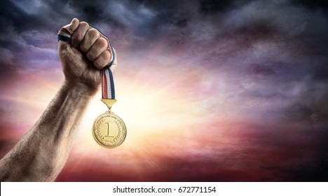 Medal Of First Place In Hand - Victory Concept - Medal 3d Render - Powered by Shutterstock