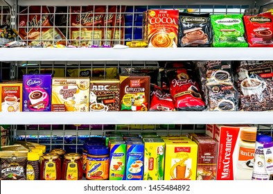 Medan, 16 July 2019 : Various Chocolate, Coffee Instant, Creamer, Tea And Honey In Beverage Section Of Shelf Counter Rack Display At Hypermart Departement Store