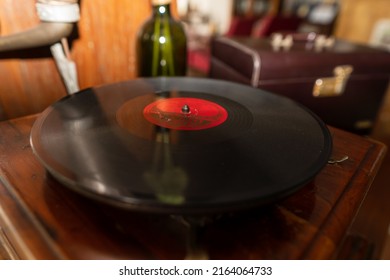 Medan, Indonesia - June 5th, 2022: An Old Vinyl Record In Close-up Is Above The Gramophone. Selective Focus.