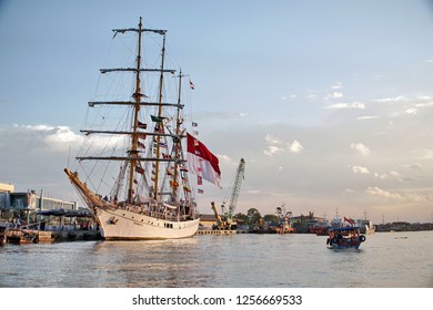 Medan, North Sumatra - Ca, 2017: The Legendary High Mast Train Ship Of The Republic Of Indonesia Or KRI Dewaruci Stops At The Passenger Port Of Bandar Deli, Belawan, Medan City, North Sumatra.