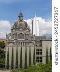 Medellin, Antioquia, Colombia : Aerial view of the Botero Plaza with the Rafael Uribe Uribe Palace of Culture (Palacio de la Cultura) and the Coltejer Building. Botero Square.