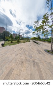 Medellin, Antioquia, Colombia. August 7, 2020: Parques Del Río Medellín Is A Linear Park Located In The Central Area Of The Colombian City Of Medellín That Integrates Both Banks Of The Medellín River