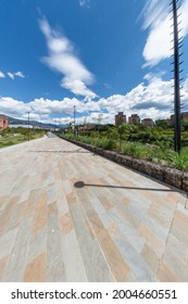 Medellin, Antioquia, Colombia. August 7, 2020: Parques Del Río Medellín Is A Linear Park Located In The Central Area Of The Colombian City Of Medellín That Integrates Both Banks Of The Medellín River