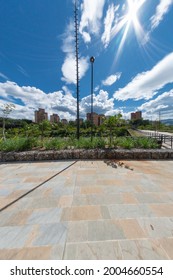 Medellin, Antioquia, Colombia. August 7, 2020: Parques Del Río Medellín Is A Linear Park Located In The Central Area Of The Colombian City Of Medellín That Integrates Both Banks Of The Medellín River