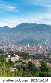 Medellin, Antioquia, Colombia. July 18, 2020: Panoramic and urban landscape of the city of Medellin with mountains and blue sky.
