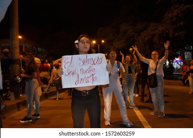 Medellin, Antioquia, Colombia, November 26, 2019. Young People Show Posters Alluding To The Protest Over The Death Of Dylan Cruz.