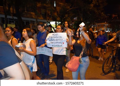 Medellin, Antioquia, Colombia, November 26, 2019. Young People Show Posters Alluding To The Protest Over The Death Of Dylan Cruz.