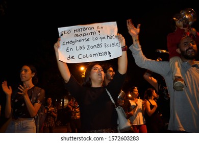 Medellin, Antioquia, Colombia, November 26, 2019. Young People Show Posters Alluding To The Protest Over The Death Of Dylan Cruz.