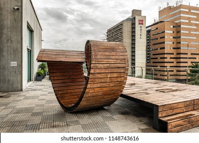 Medellin, Colombia - March 29, 2018: Futuristic Wooden Composition On The Terrace In The Museum Of Modern Art Building In Medellin, Colombia.