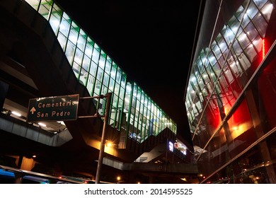 MEDELLIN, COLOMBIA - Sep 12, 2019: The University Metro Station At Night In Medellin, Colombia