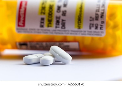 Medford, Oregon - November 11: close up of a recognizable opioid pain killer and prescription bottle. November 11 2017, Medford Oregon