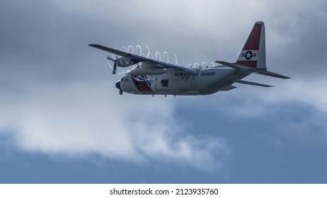 MEDFORD, UNITED STATES - Aug 31, 2020: A Coast Guard Prop Plane Shortly After Takeoff