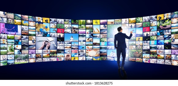 Media Library Concept. Man Using Virtual Video Gallery, Banner Design