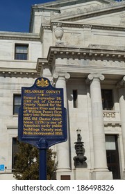 MEDIA, PENNSYLVANIA - March 6, 2014: A Historical Landmark Sign Marks The Founding Of Delaware County In 1789 Outside The County Courthouse, One Of The First Public Buildings In American History.  